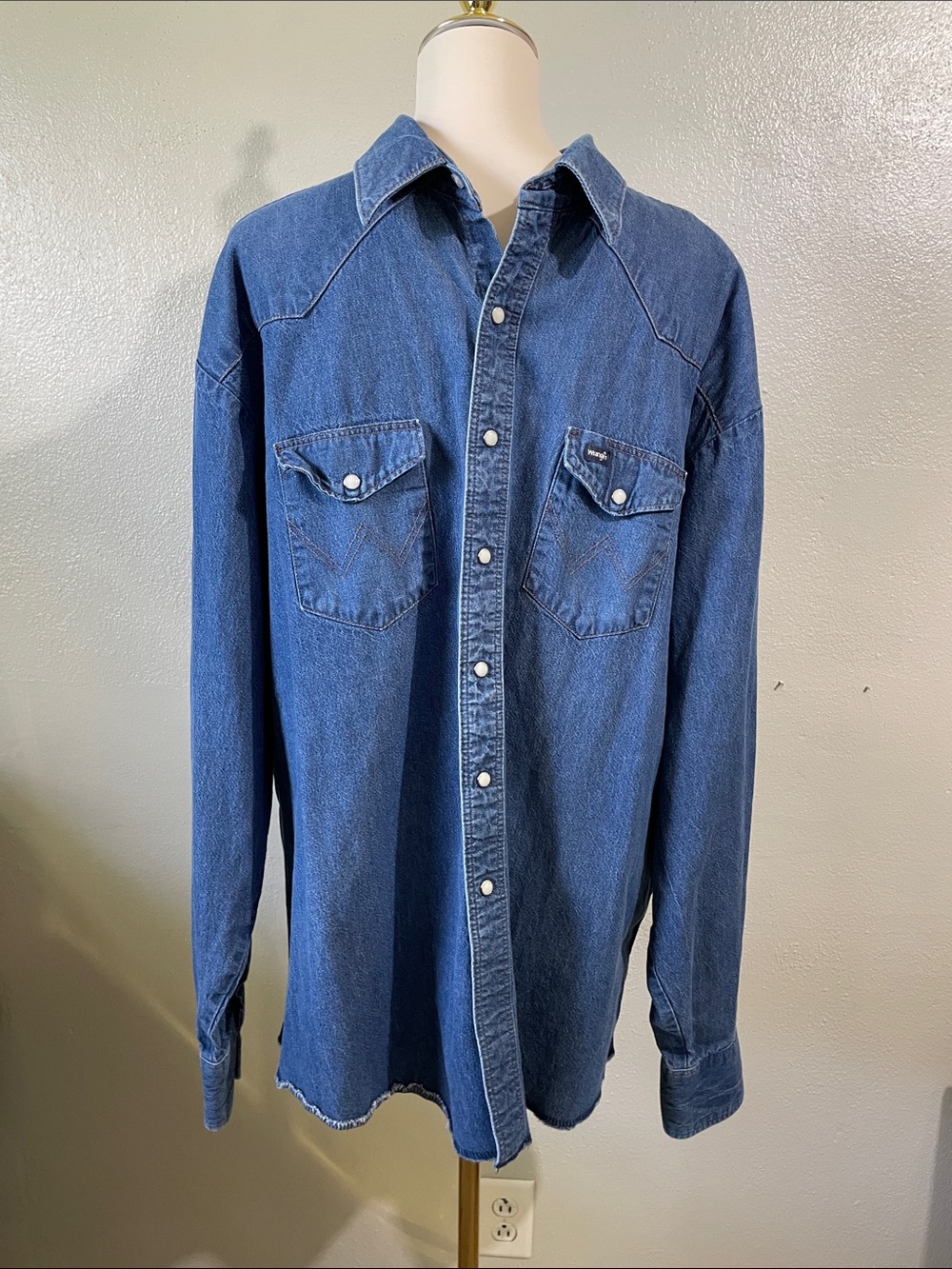 Western Pearl Snap Denim Shirt Blue Longsleeve Ranch Rodeo Cowboy Wrangler XXL